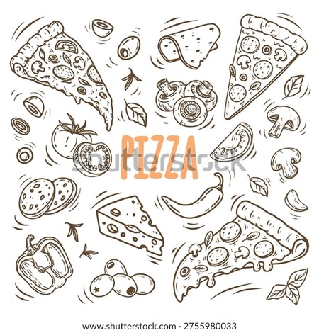  hand drawn vector set of pizza. Set of pizza ingredients in doodle style isolated. Design on white background for for menus, pizzerias, restaurants, banners, markets. Vector illustration