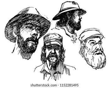 hand drawn vector set of portrait bearded men's, illustration,vintage style