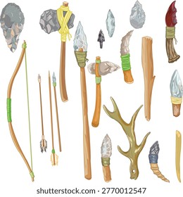 Hand drawn vector set of prehistoric stone age weapons, stone axes, wooden bow and flint spears on white background