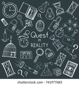 Hand drawn vector set for quest in reality game and room escape