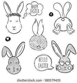 Hand drawn vector set rabbit. Hello easter, Happy easter. Holiday.