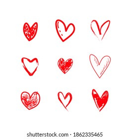 hand drawn vector set of red hearts, scribbled hearts vector