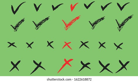 Hand drawn vector set of right and cross marks.