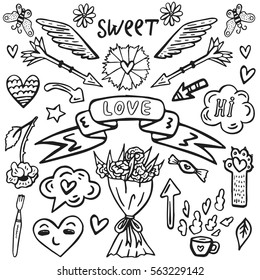 Hand drawn vector set with romantic cute elements. Illustration with hearts, flowers, arrows, beautiful items in doodle style.Valentine's day theme. Design for prints; t-shirt and coloring page.