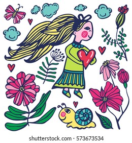 Hand drawn vector set with romantic cute elements. Illustration with hearts, girl, animals, flowers in doodle style. Valentine's and wedding day theme. Design for prints, t-shirt, coloring page.