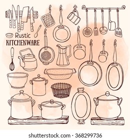 Hand drawn vector set of  rustic kitchen. Sketch of pots and pans on the shelves on the watercolor background. Doodle illustration of dishes in country style