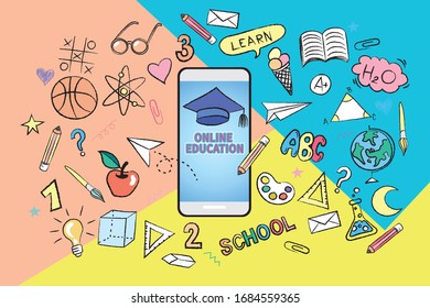 Hand drawn vector set with school equipment, Online Education, EPS10.