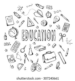 Hand drawn vector set with school  equipment. Can be used for design.