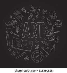 Hand drawn vector set with school  equipment on chalkboard. Can be used for design. 