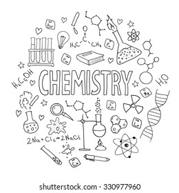 Hand drawn vector set with school  equipment. Can be used for design. Chemistry lesson