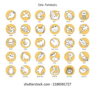 hand drawn vector set of sea animals isolated on white background.