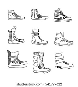 Hand drawn vector set of shoes. Creative ink art work. Doodle style drawing sneakers, boots, sandals, platform