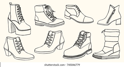 Hand drawn vector set of shoes. Creative ink art work. Doodle style drawing sneakers, boots, sandals, platform