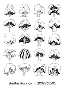 hand drawn vector set of side view tree isolated on white background.