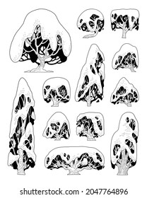 hand drawn vector set of side view tree isolated on white background.