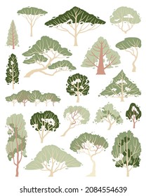 hand drawn vector set of side view tree isolated on white background.