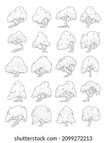 hand drawn vector set of side view tree isolated on white background.