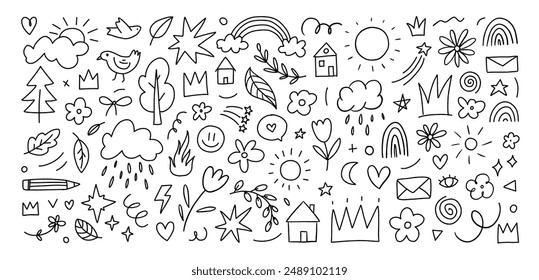 Hand drawn vector set of simple decorative childish elements. Various kid outline icons. Various simple vector illustrations such as hearts, crowns, cloud, sun, flowers, stars, houses, trees, lines.