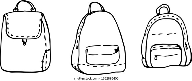 Hand drawn vector set sketch Doodle backpacks. Casual Backpack, Fashion Backpack. Vector illustration black line drawing on white background isolated accessory backpack bag