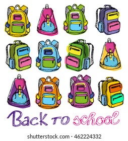 Hand drawn Vector Set of Sketch Doodle Backpacks. Casual Backpack, Fashion Backpack. Vector illustration. Back to school.