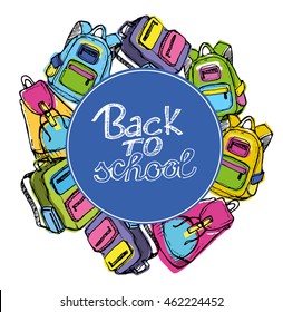 Hand drawn Vector Set of Sketch Doodle Backpacks. Casual Backpack, Fashion Backpack. Vector illustration. Back to school.