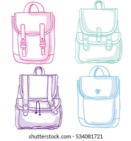 Hand drawn Vector Set of Sketch Doodle Backpacks. Casual Backpack, Fashion Backpack. Vector illustration.