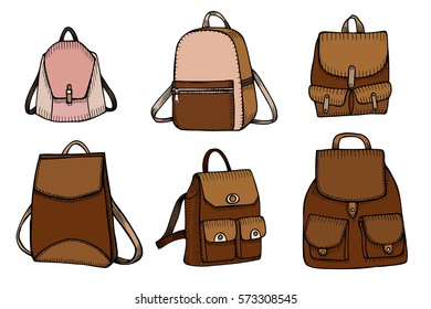 Hand drawn Vector Set of Sketch Doodle Backpacks. Casual Backpack, Fashion Backpack. Vector illustration. Back to school.