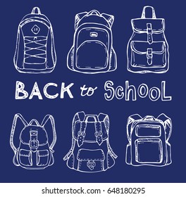 Hand drawn Vector Set of Sketch Doodle Backpacks. Casual Backpack, Vector illustration. Back to school.