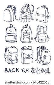 Hand drawn Vector Set of Sketch Doodle Backpacks. Casual Backpack, Fashion Backpack. Vector illustration. Back to school.