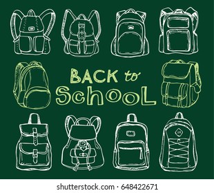 Hand drawn Vector Set of Sketch Doodle Backpacks. Casual Backpack, Fashion Backpack. Vector illustration. Back to school.