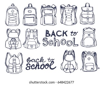 Hand drawn Vector Set of Sketch Doodle Backpacks. Casual Backpack, Fashion Backpack. Vector illustration. Back to school.