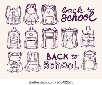 Hand drawn Vector Set of Sketch Doodle Backpacks. Casual Backpack, Fashion Backpack. Vector illustration. Back to school.