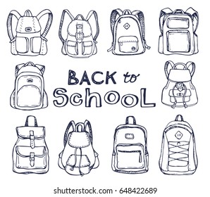 Hand drawn Vector Set of Sketch Doodle Backpacks. Casual Backpack, Fashion Backpack. Vector illustration. Back to school.