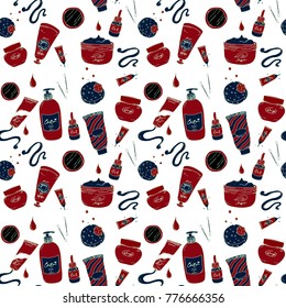 Hand drawn vector set of skin care make up icons, dark red and dark blue colors