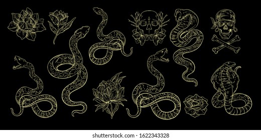 Hand drawn vector set with snakes, peonies, roses and skulls on black background. Collection of prints with occult objects. Illustrations in engraving grunge style for logos, labels, tattoos, t-shirts