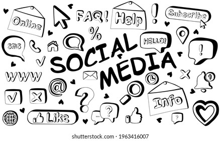 Hand drawn vector set of social media elements in doodle style. Blogging, promotion. Social media concept. Isolated on white background