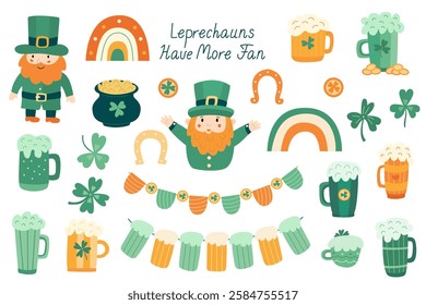 Hand drawn vector set of St. Patrick’s Day clipart with leprechauns, beer mugs, shamrocks, rainbows, gold coins, and festive decorations. Perfect for greeting cards, posters and invitations 