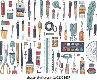 the hand drawn vector set of stationery.