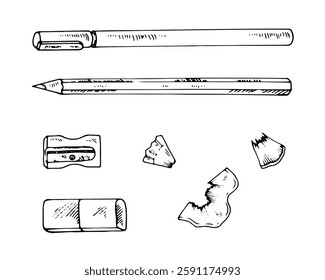 Hand drawn vector set of stationery, including pencil, pen, eraser, sharpener. Black and white line art illustration, perfect for office and school designs. Ideal for bullet journals, planners