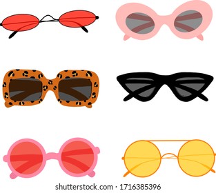 Hand drawn vector set of sunglasses.All elements are isolated. Colored illustration.