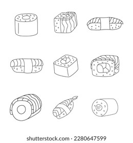 Hand drawn vector set of sushi, rolls.