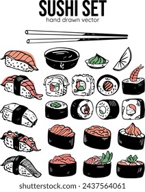 Hand drawn vector set of sushi rolls maki nigiri gunkan Japanese food isolated on white background