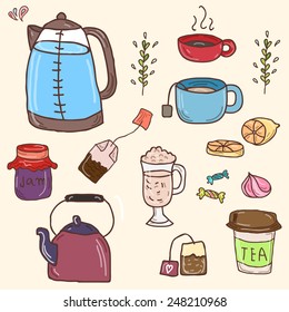 Hand drawn vector set of tea essentials - cups, teapot, tea and sweets