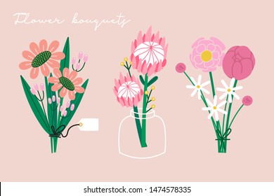 Hand drawn vector set of three various flower bouquets. Camomile, peony and protea. Colored trendy illustration. Flat design. Paper cut style. All elements are isolated