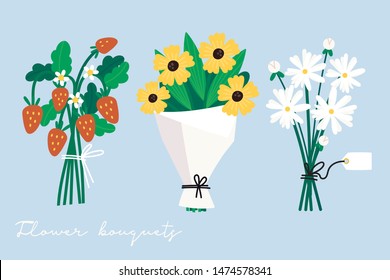 Hand drawn vector set of three various flower and berry bouquets. Camomile, wild strawberries. Colored trendy illustration. Flat design. Paper cut style. All elements are isolated