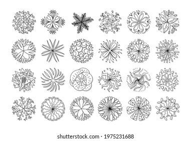 hand drawn vector set of top view tree isolated on white background.
