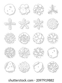 Hand drawn vector set of top view trees isolated on white background.