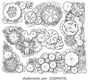 Hand drawn vector set of top view trees isolated on white background.