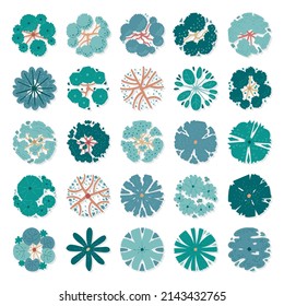 Hand drawn vector set of top view trees isolated on white background for landscape design or decoration.