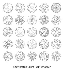 Hand drawn vector set of top view trees isolated on white background for landscape design or decoration.
